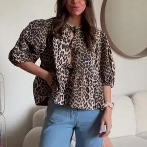 MANGMAO Tie Front Blouse Leopard Print Peplum Babydoll 3/4 Puff Sleeve Sz L